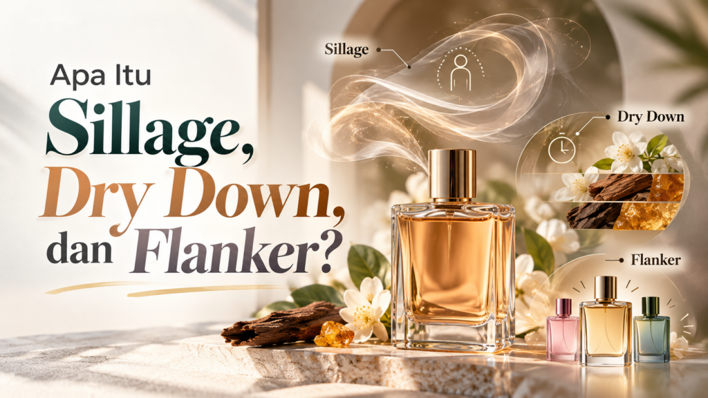 kartu kamus istilah parfum berisi arti sillage, dry down, dan flanker